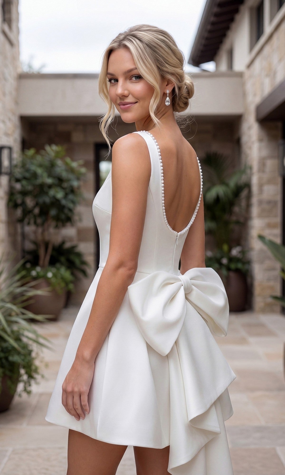 A woman stands outdoors, smiling over her shoulder in the White A-Line Mini Hoco Dress: Nox Anabel Y7001W—a sleeveless short white dress with a large bow on the back.
